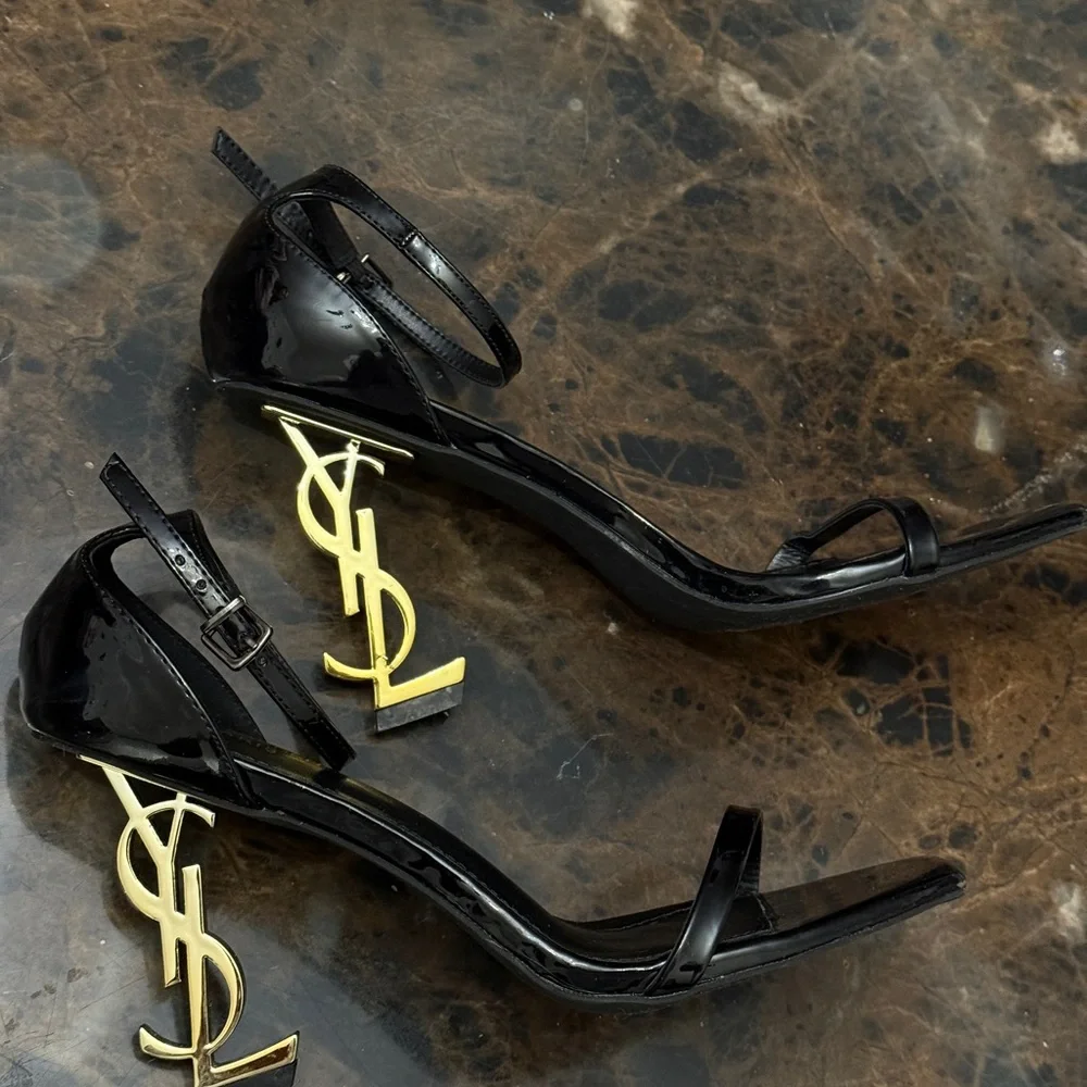 Saint Laurent Black Heels with Gold Logo - Picture 2 of 5